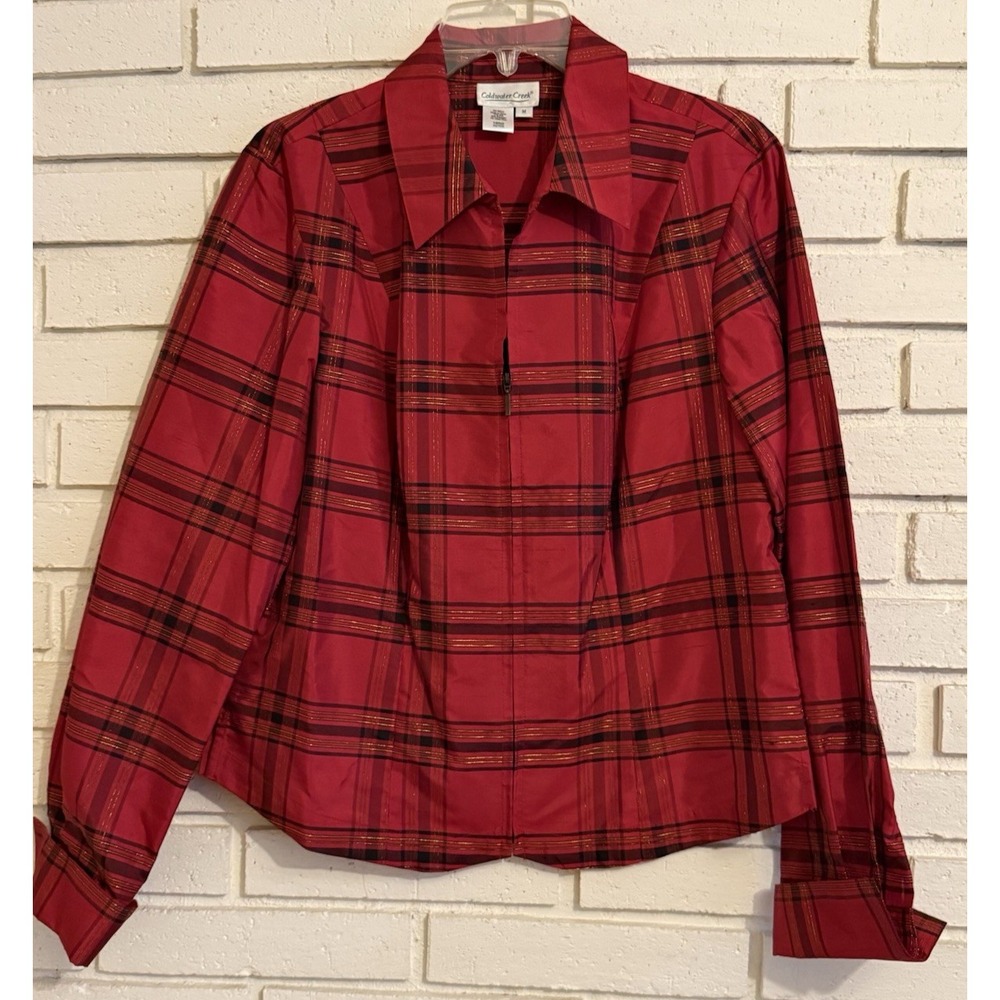 Coldwater Creek Red Silk Plaid Blouse Shirt Zip Front Turn-up Cuffs Size M‎